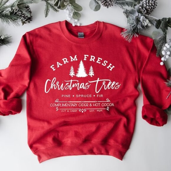 Farm Fresh Christmas Trees Sweatshirt Pine Spruce Fir Christmas Sweatshirt 17 - Picture 1 of 5